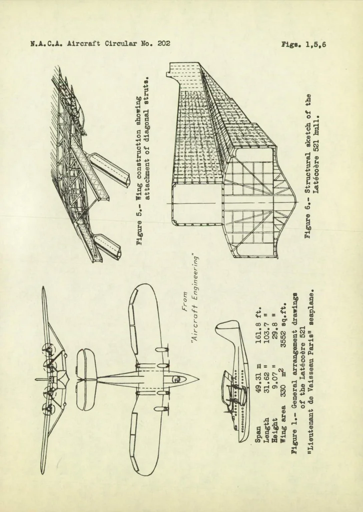 An illustration from The Latecoere 521 "Lieutenant De Vaisseau Paris" commercial flying boat (French) : a two-deck six-engine semicantilever sesquiplane, 1936, leaf 10