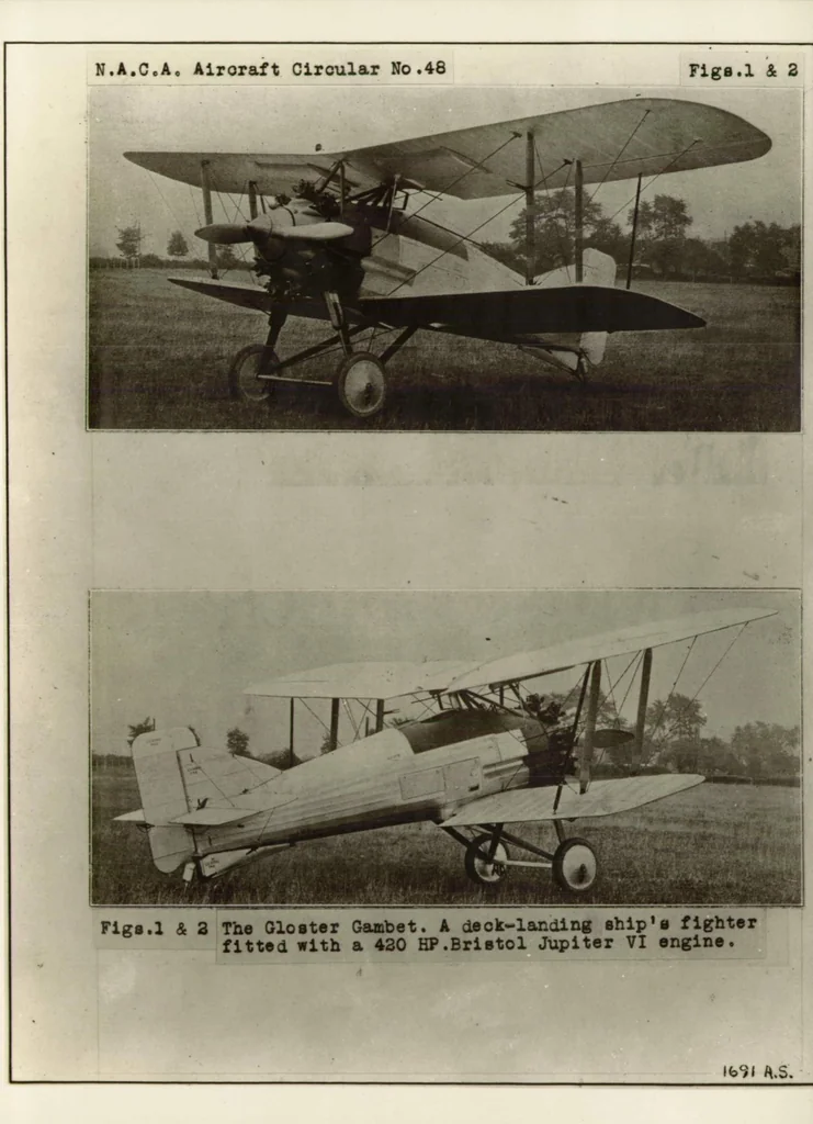 An illustration from The Gloster "Gambet" airplane : a deck-landing ship's fighter fitted with a 420 HP. Bristol Jupiter VI engine, 1927, leaf 6