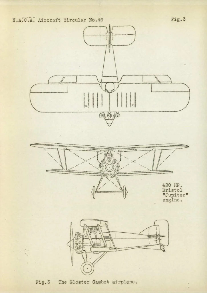 An illustration from The Gloster "Gambet" airplane : a deck-landing ship's fighter fitted with a 420 HP. Bristol Jupiter VI engine, 1927, leaf 7