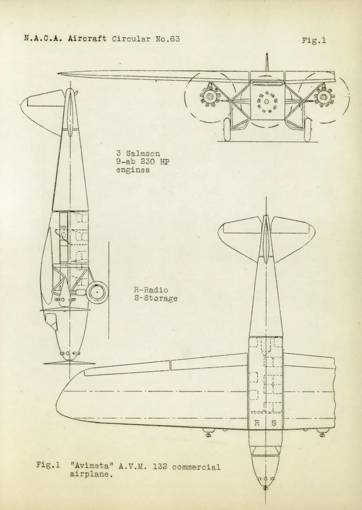 An illustration from Avimeta three-engine commercial monoplane : type A.V.M. 132, 1927, leaf 6