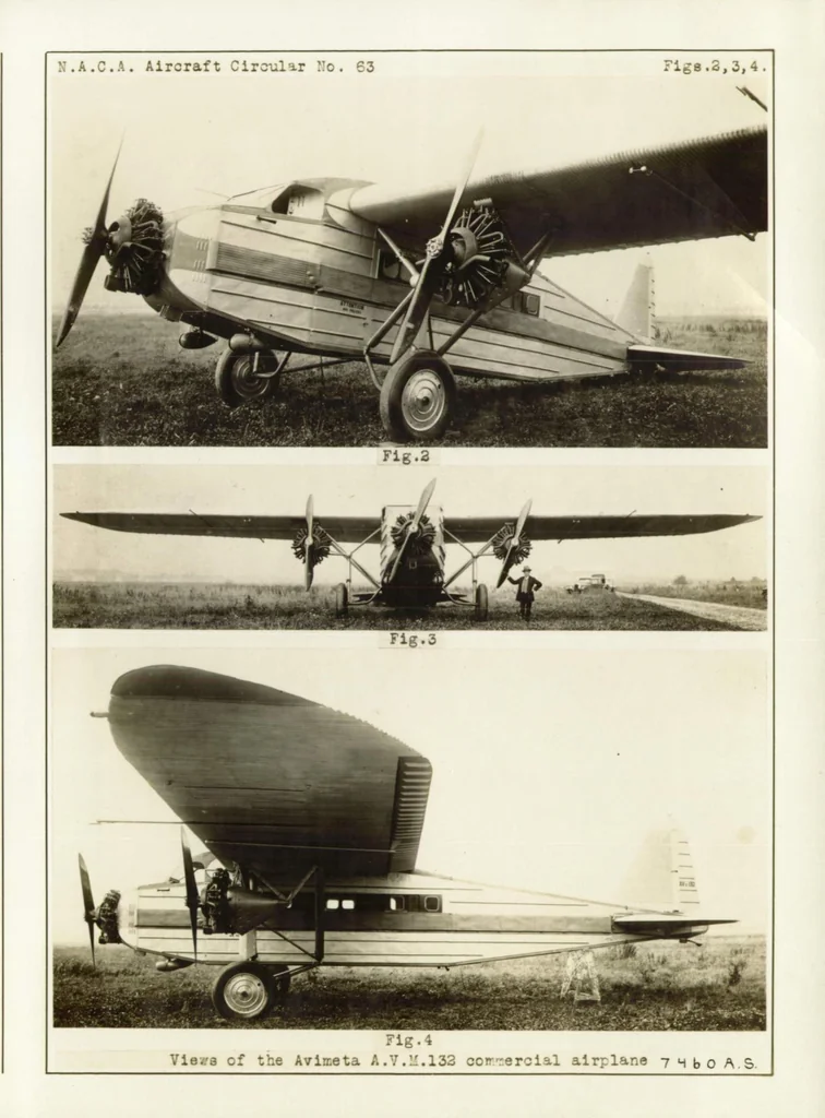 An illustration from Avimeta three-engine commercial monoplane : type A.V.M. 132, 1927, leaf 7
