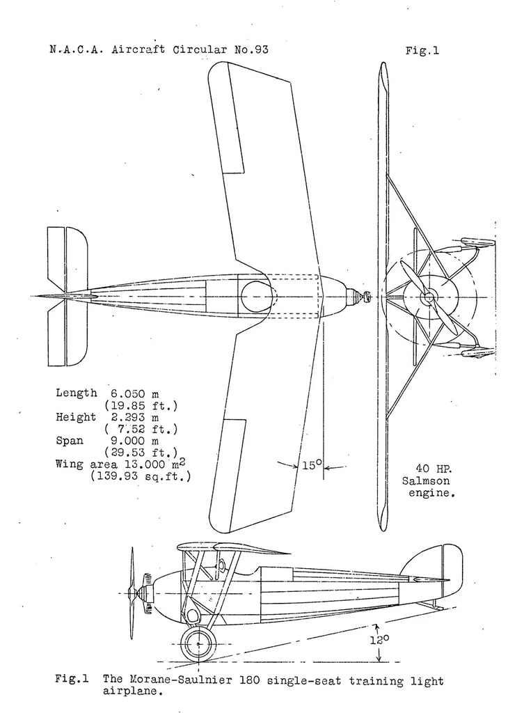 An illustration from Morane-Saulnier 180 light airplane (French) : a single-seat training monoplane, 1929, leaf 6