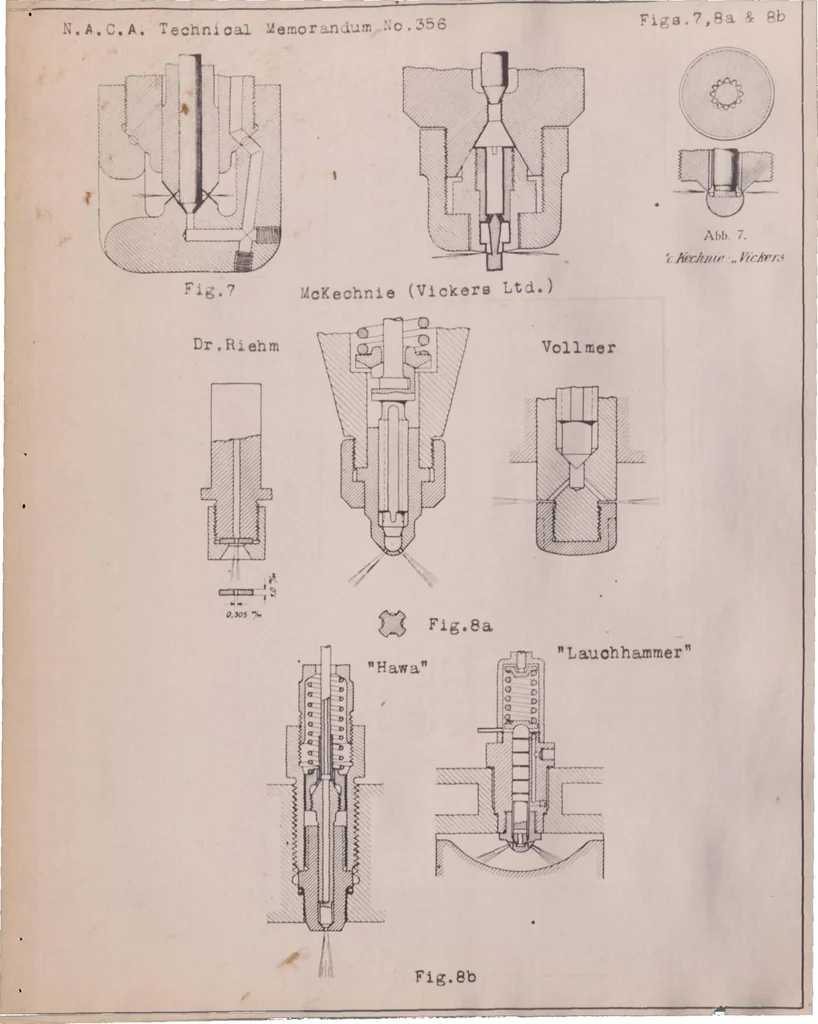 An illustration from The Fundamental Principles of High-speed Semi-diesel Engines. Part I: a General Discussion of the Subject of Fuel Injection in Diesel Engines and Detailed Descriptions of Many Types of Injection Nozzles, 1926, leaf 26
