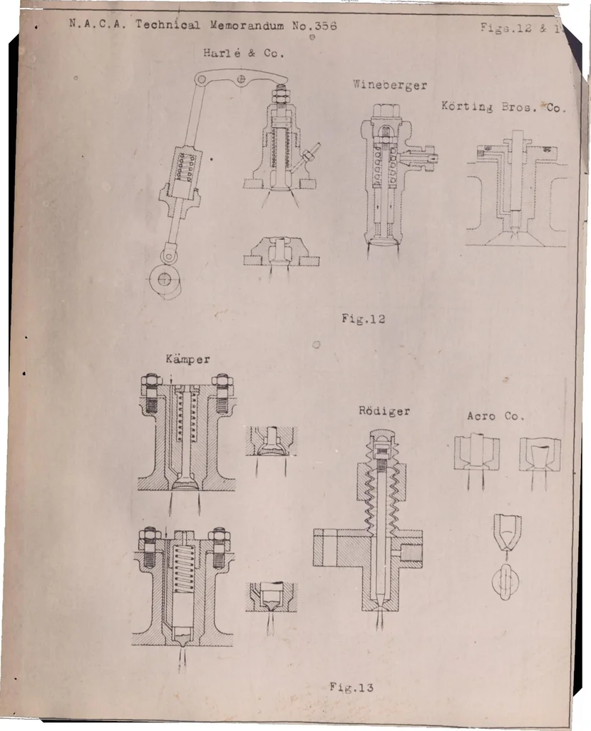 An illustration from The Fundamental Principles of High-speed Semi-diesel Engines. Part I: a General Discussion of the Subject of Fuel Injection in Diesel Engines and Detailed Descriptions of Many Types of Injection Nozzles, 1926, leaf 28
