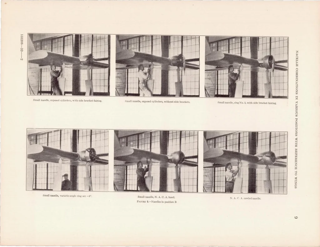 An illustration from Tests of Nacelle-Propeller Combinations in Various Positions with Reference to Wings II : Thick Wing - Various Radial-Engine Cowlings - Tractor Propeller, 1932, leaf 10