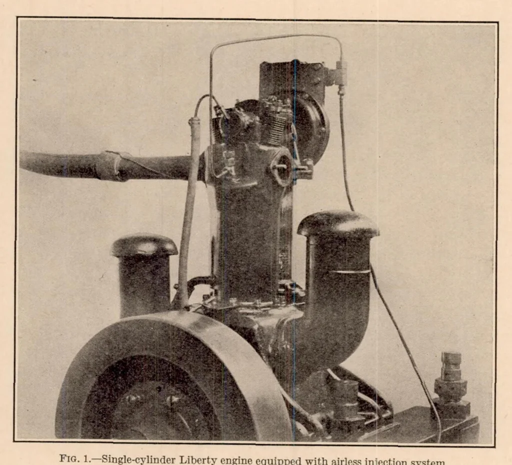 An illustration from A Preliminary Study of Fuel Injection and Compression Ignition as Applied to an Aircraft Engine Cylinder, 1927, leaf 7