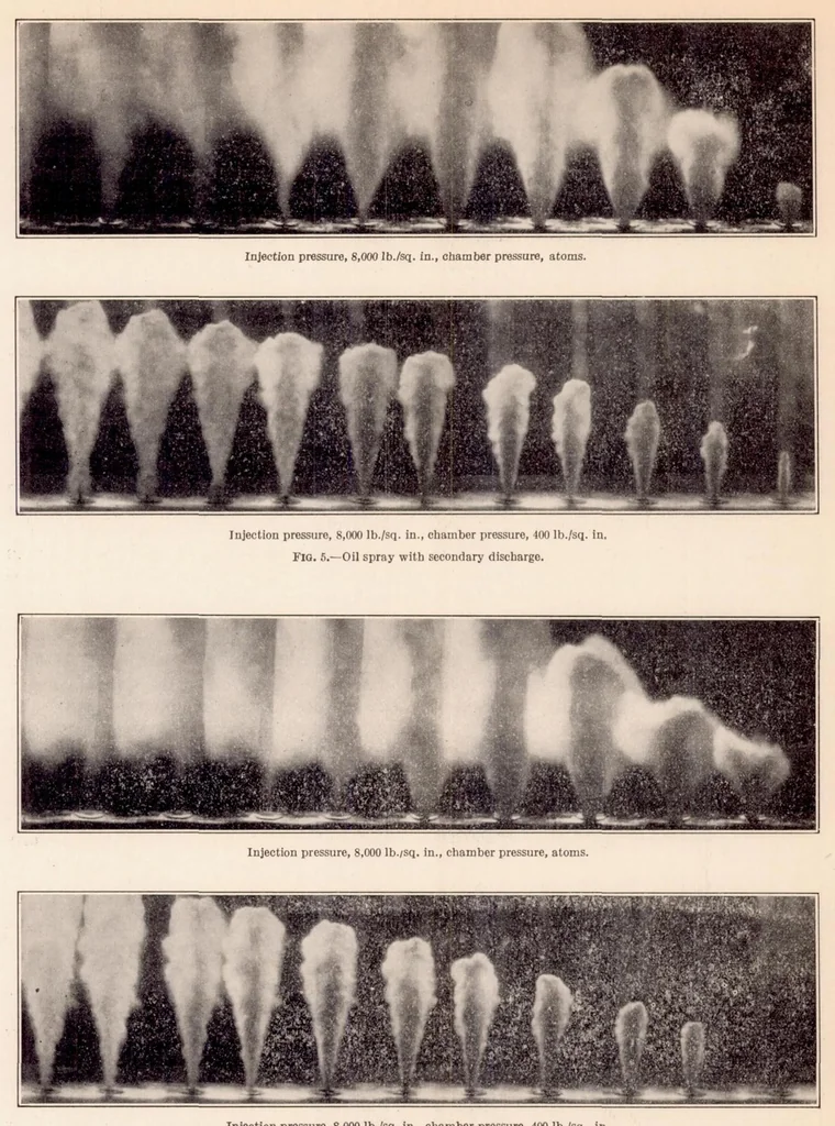 An illustration from Some Factors Affecting the Reproducibility of Penetration and the Cut-Off of Oil Sprays for Fuel-injection Engines, 1928, leaf 9