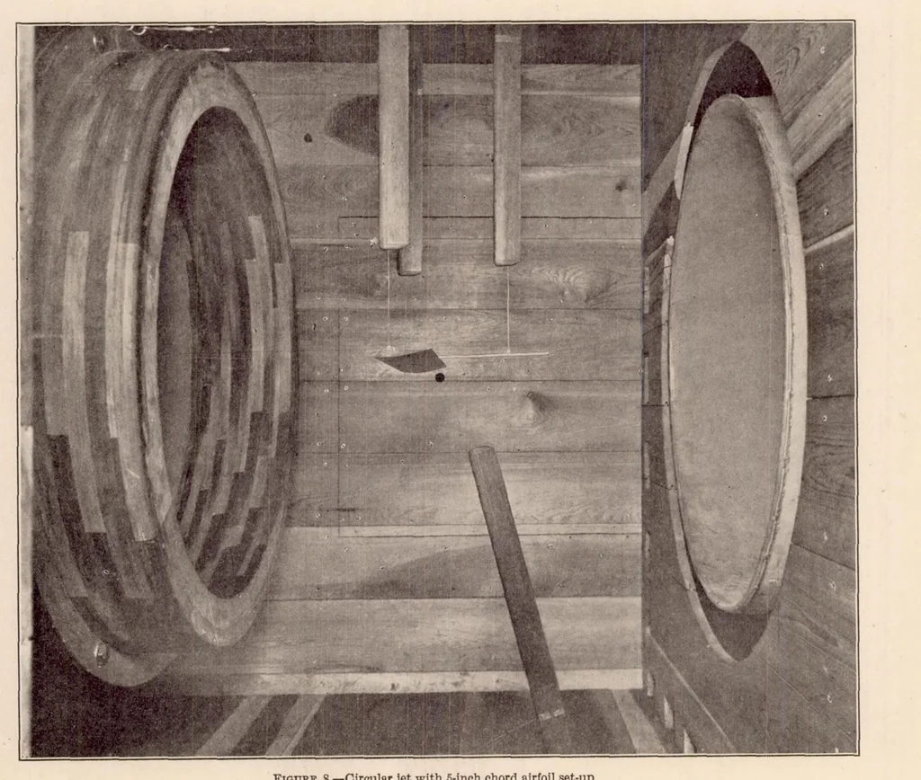 An illustration from Experimental Determination of Jet Boundary Corrections for Airfoil Tests in Four Open Wind Tunnel Jets of Different Shapes, 1931, leaf 9