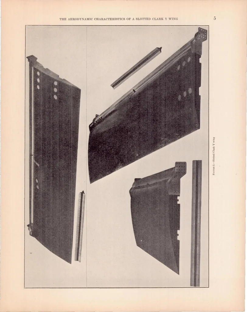 An illustration from The Aerodynamic Characteristics of a Slotted Clark Y Wing as Affected by the Auxiliary Airfoil Position, 1932, leaf 6