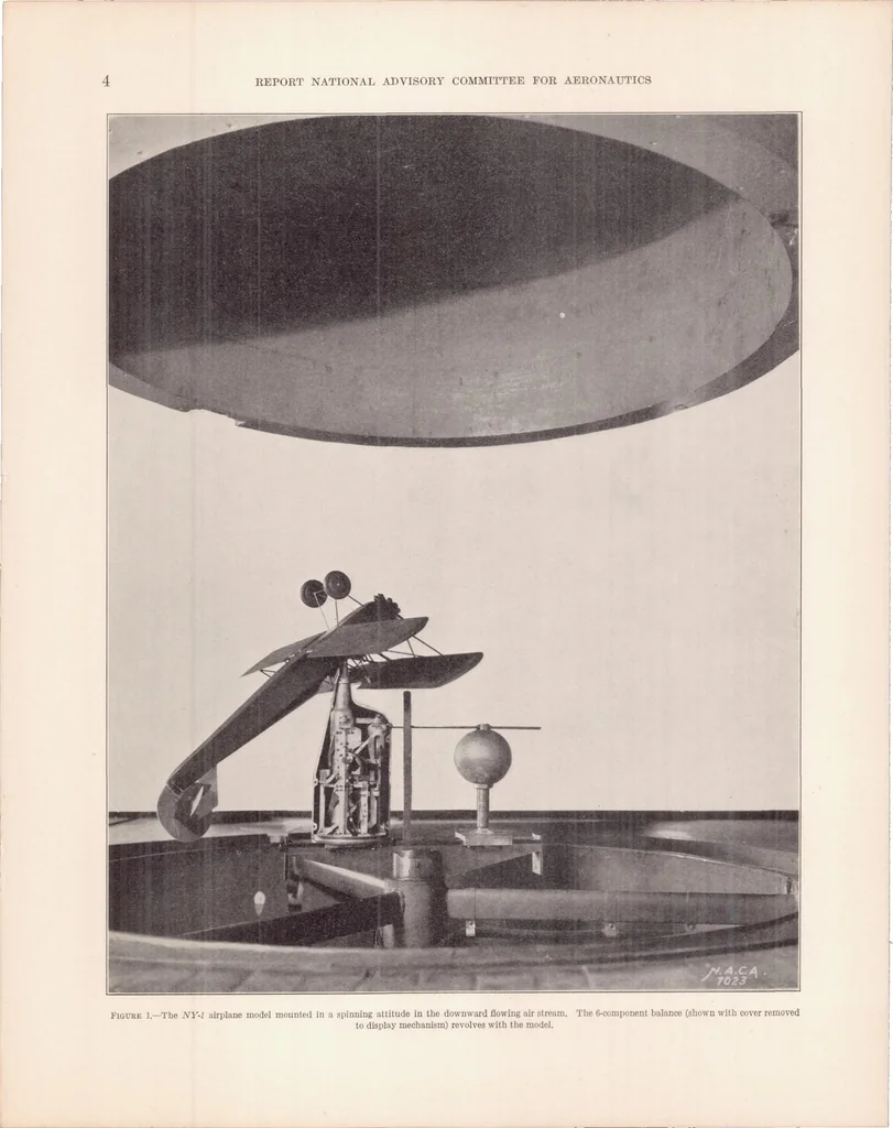 An illustration from The Aerodynamic Forces and Moments Exerted on a Spinning Model of the NY-1 Airplane as Measured by the Spinning Balance, 1934, leaf 5