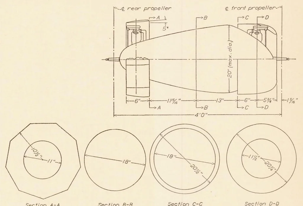 An illustration from Tests of Nacelle-Propeller Combinations in Various Positions with Reference to Wings IV : Thick Wing - Various Radial-Engine Cowlings - Tandem Propellers, 1935, leaf 5