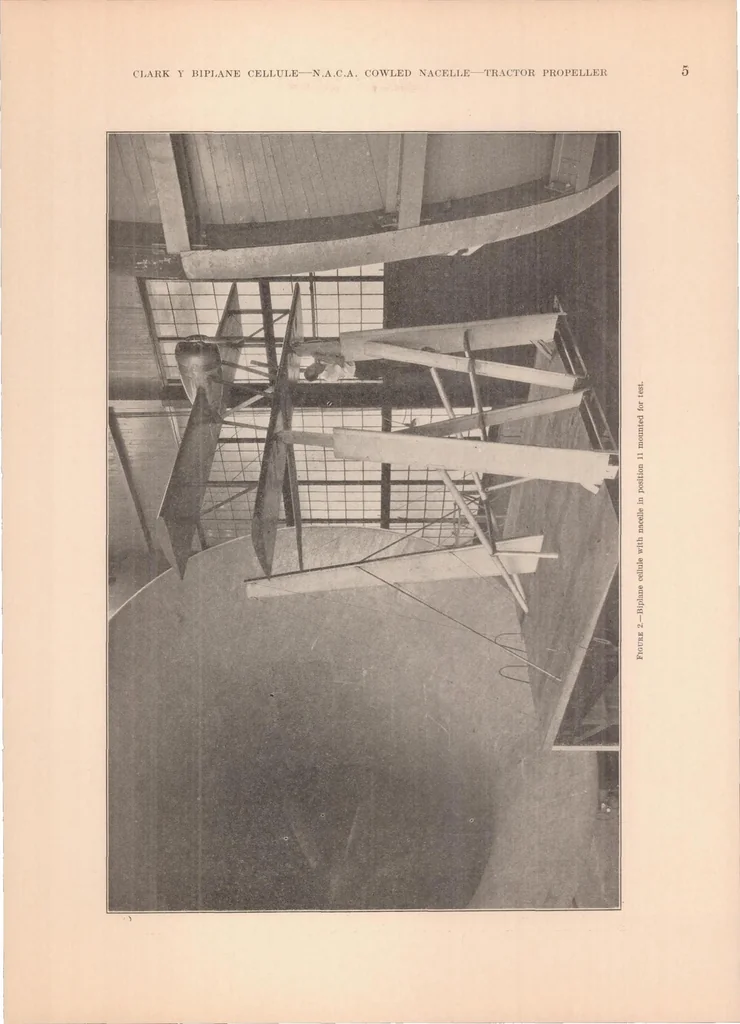 An illustration from Tests of Nacelle-Propeller Combinations in Various Positions with Reference to Wings V : Clark Y Biplane Cellule - NACA Cowled Nacelle - Tractor Propeller, 1935, leaf 6