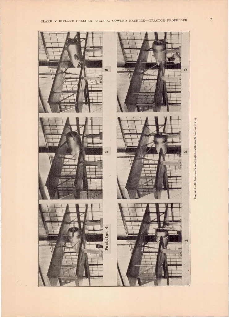 An illustration from Tests of Nacelle-Propeller Combinations in Various Positions with Reference to Wings V : Clark Y Biplane Cellule - NACA Cowled Nacelle - Tractor Propeller, 1935, leaf 8
