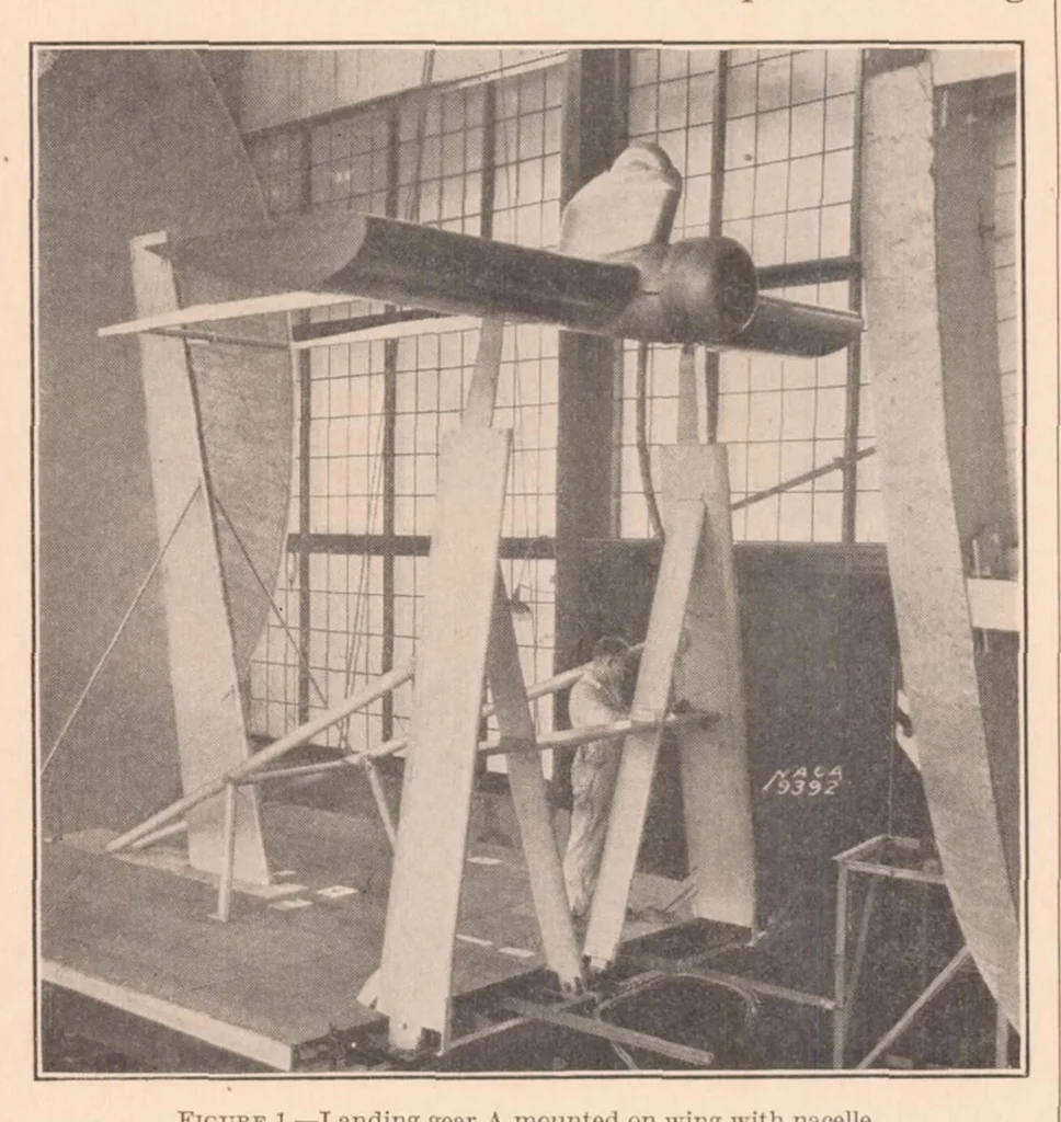 An illustration from The Drag of Airplane Wheels, Wheel Fairings, and Landing Gears II : Nonretractable and Partly Retractable Landing Gears, 1936, leaf 4