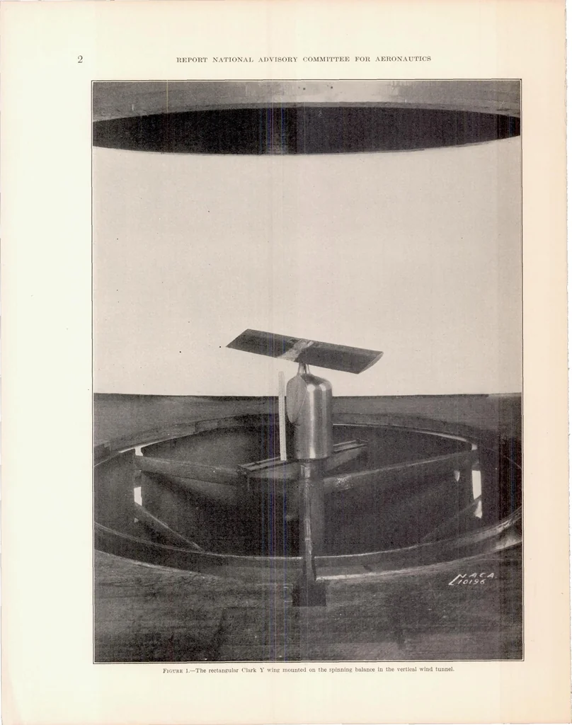An illustration from Spinning Characteristics of Wings I : Rectangular Clark Y Monoplane Wing, 1936, leaf 5