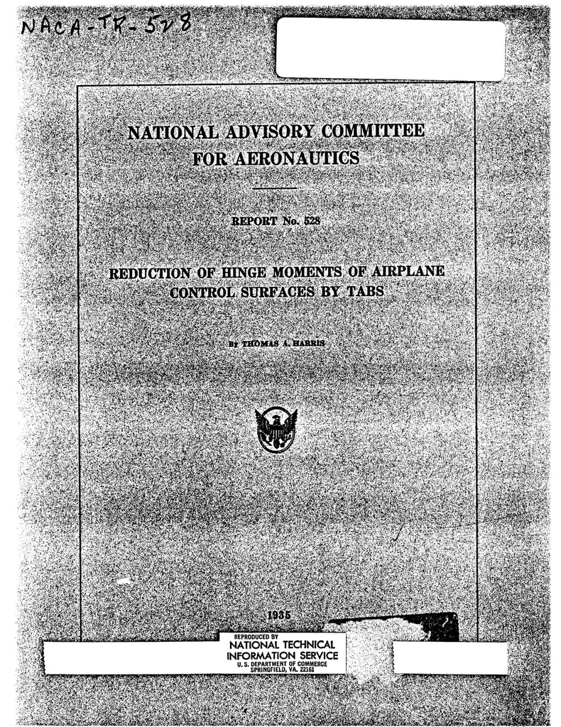 An illustration from Reduction of hinge moments of airplane control surfaces by tabs, 1936, leaf 0