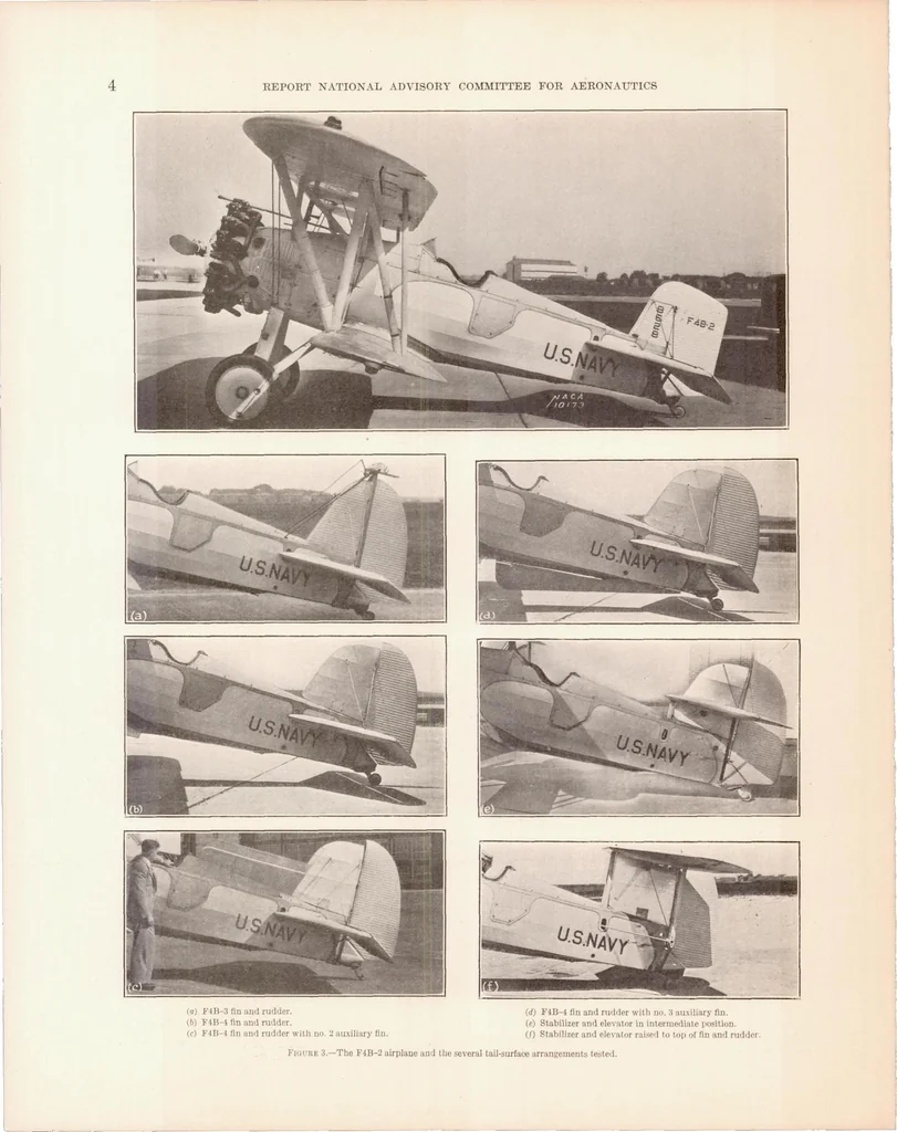 An illustration from A Flight Investigation of the Spinning of the F4B-2 Biplane with Various Loads and Tail Surfaces, 1936, leaf 7