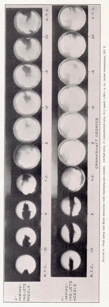An illustration from Effect of Nozzle Design on Fuel Spray and Flame Formation in a High-Speed Compression-Ignition Engine, 1937, leaf 14