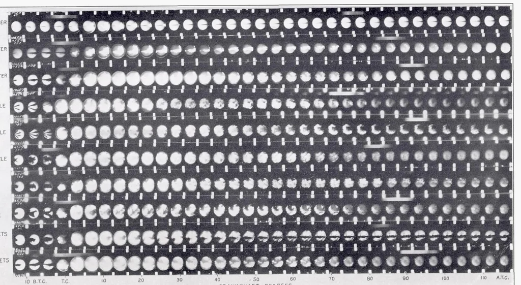 An illustration from Effect of Nozzle Design on Fuel Spray and Flame Formation in a High-Speed Compression-Ignition Engine, 1937, leaf 7