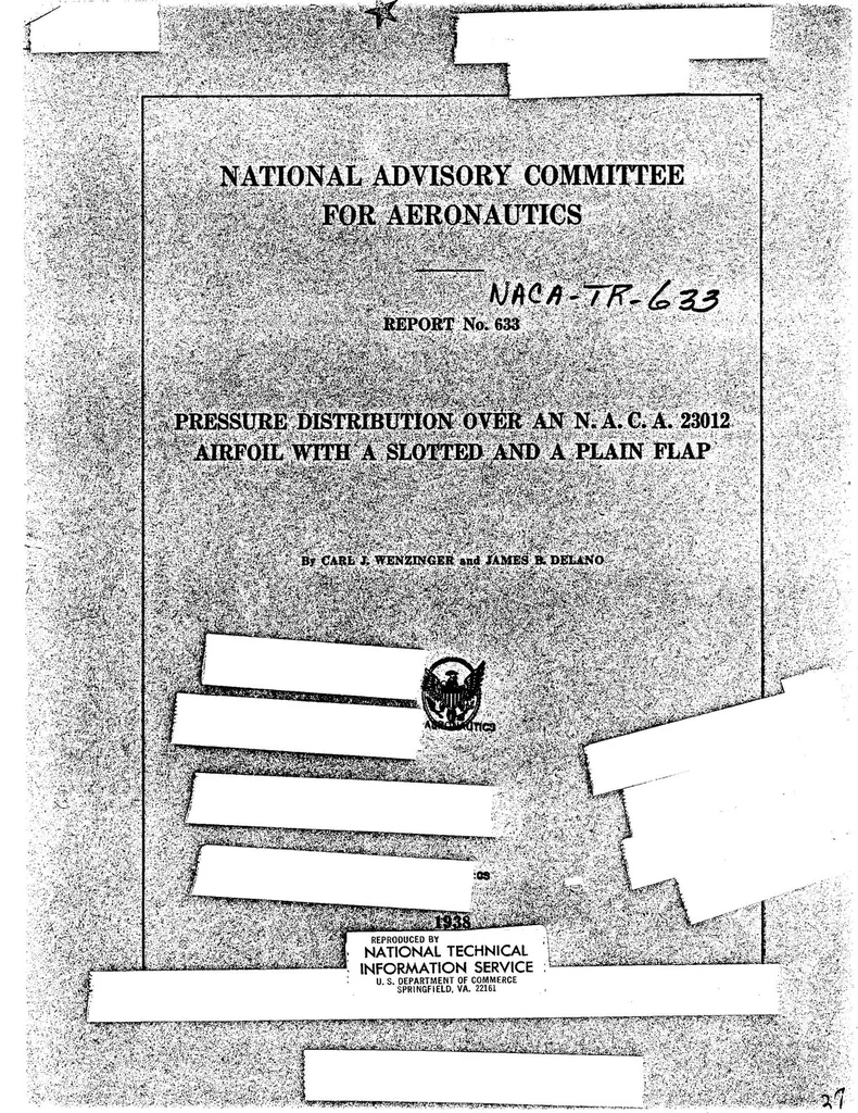 An illustration from Pressure distribution over an NACA 23012 airfoil with a slotted and a plain flap, 1938, leaf 0