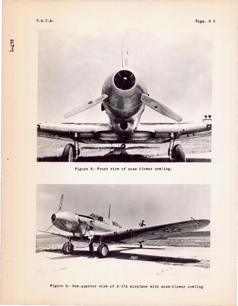 An illustration from Ground-cooling and Flight Tests of an Airplane Equipped with a Nose-blower Engine Cowling, 1939, leaf 22