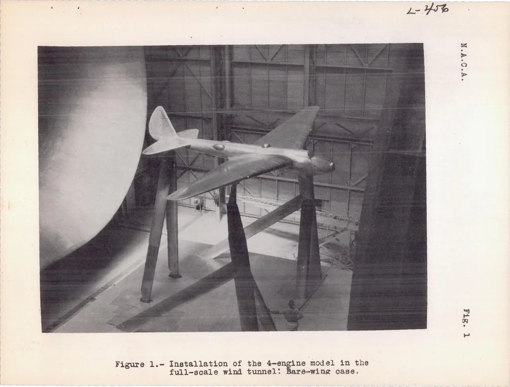 An illustration from Aerodynamic Characteristics of a 4-engine Monoplane Showing Effects of Enclosing the Engines in the Wing and Comparisons of Tractor- and Pusher-propeller Arrangements, 1938, leaf 26