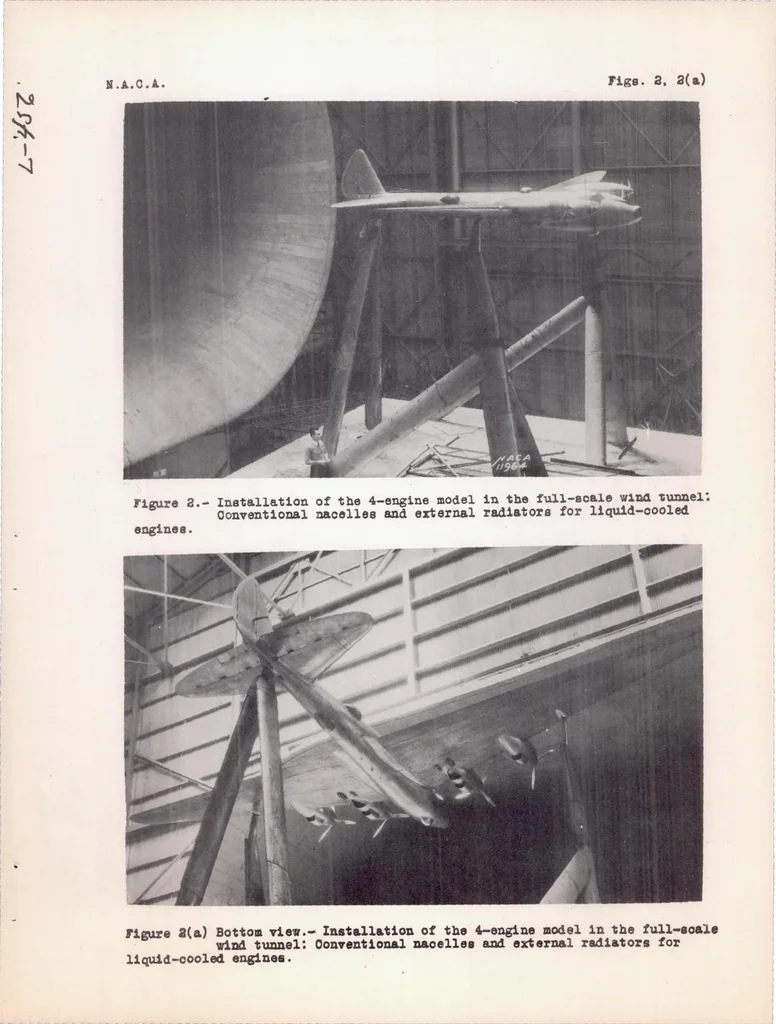 An illustration from Aerodynamic Characteristics of a 4-engine Monoplane Showing Effects of Enclosing the Engines in the Wing and Comparisons of Tractor- and Pusher-propeller Arrangements, 1938, leaf 27