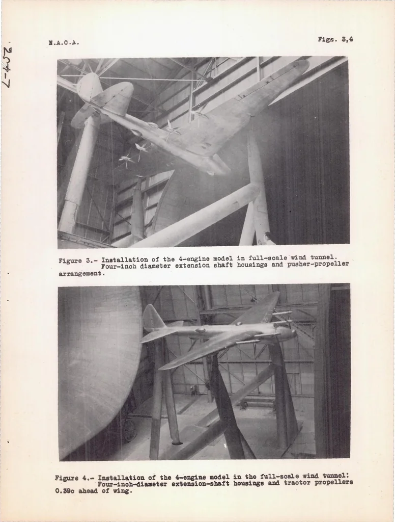An illustration from Aerodynamic Characteristics of a 4-engine Monoplane Showing Effects of Enclosing the Engines in the Wing and Comparisons of Tractor- and Pusher-propeller Arrangements, 1938, leaf 28