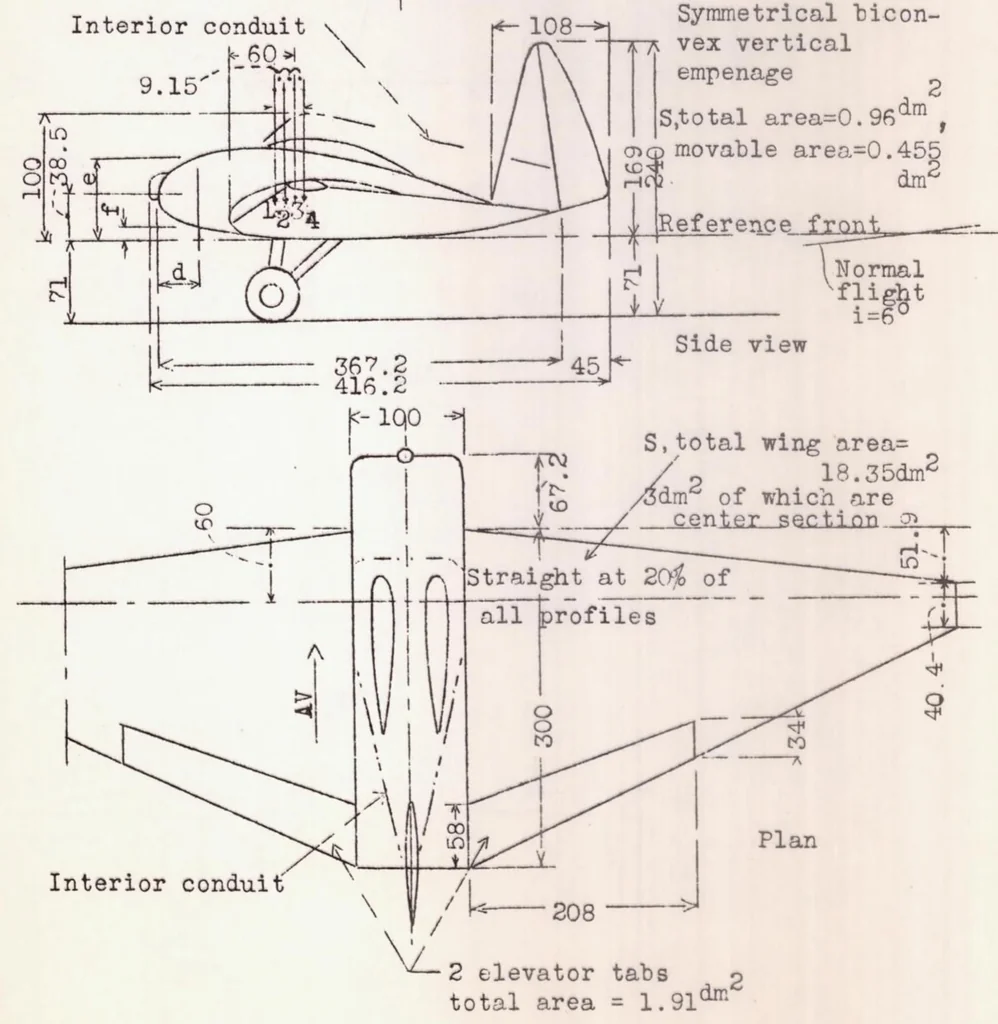 An illustration from Chief Characteristics and Advantages of Tailless Airplanes, 1936, leaf 43