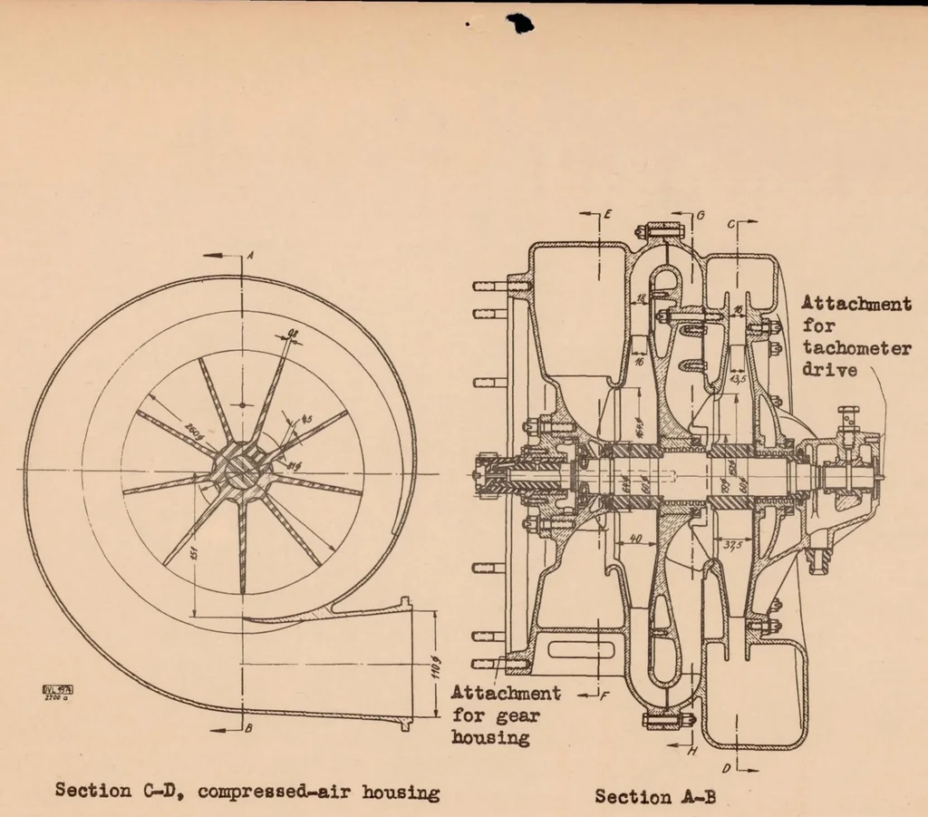 An illustration from Investigation of a Rateau Supercharger for a 700-horsepower Airplane Engine, 1934, leaf 16