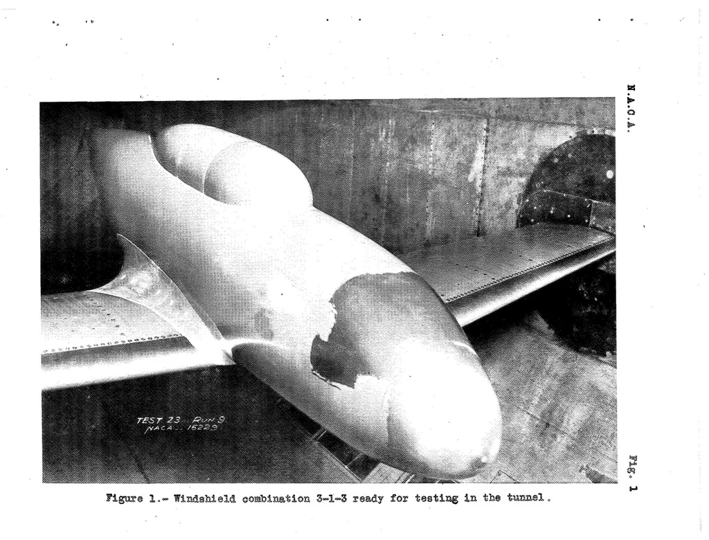 An illustration from An Investigation of the Drag of Windshields in the 8-Foot High-Speed Wind Tunnel, 1939, leaf 14