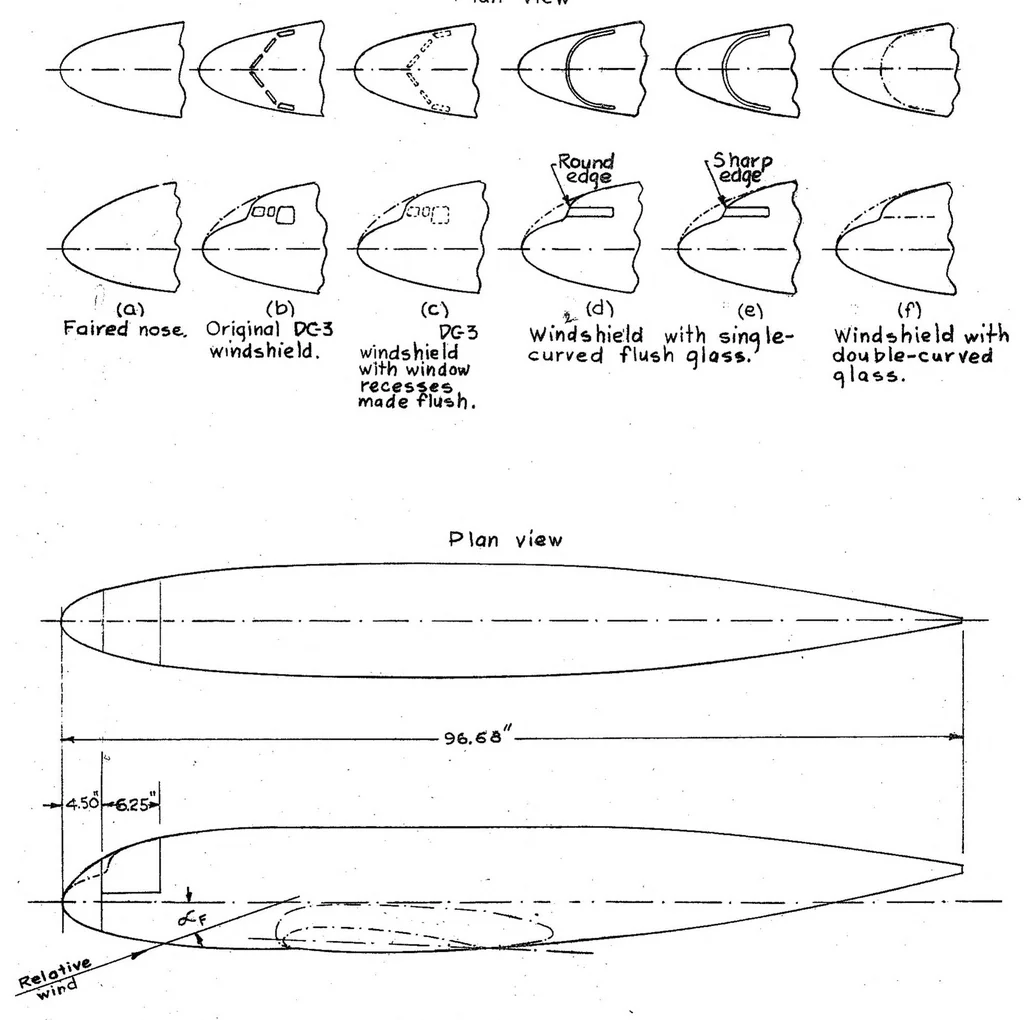 An illustration from An Investigation of the Drag of Windshields in the 8-Foot High-Speed Wind Tunnel, 1939, leaf 17