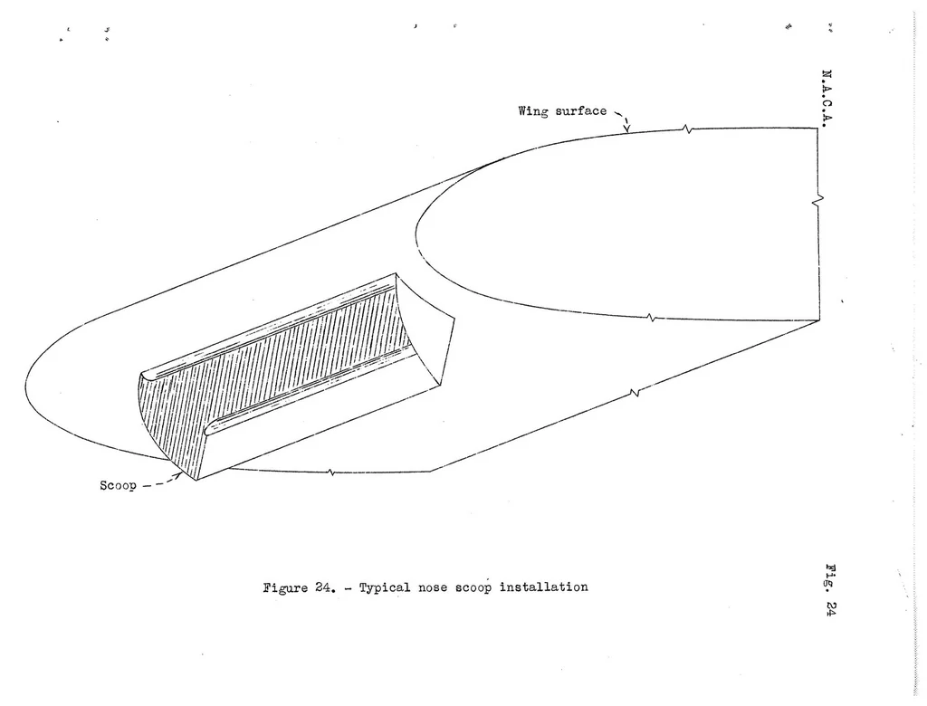 An illustration from Preliminary Full-Scale Wind-Tunnel Investigation of Wing Ducts for Radiators, Special Report, 1938, leaf 44
