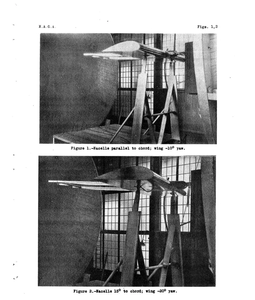 An illustration from The Effect of Lateral Inclination of the Thrust Axis and of Sweepback of the Leading Edge of the Wing on Propulsive and Net Efficiencies of a Wing-Nacelle-Propeller Combination, 1935, leaf 8