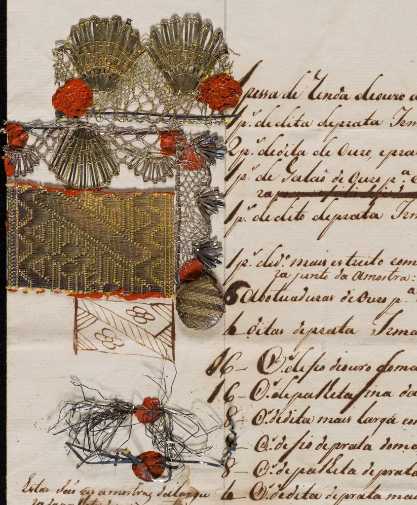 An illustration from Portuguese "Receita", or list of fabrics ordered. Late seventeenth to early eighteenth century. With cloth-of-gold and silks mounted, 1700, leaf 0