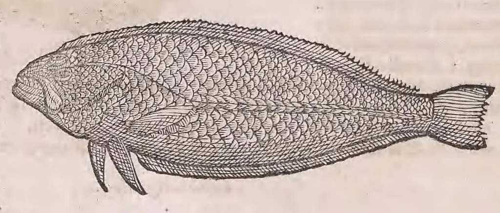 An illustration from Nomenclator aquatilium animantium : Icones animalium in mari et dulcibus aquis degentium plus quam DCC. cum nomenclaturis singulorum Latinis, Graecis, Italicis, Hispanicis, Gallicis, Germanicis, Anglicis, alijsq́[ue] interdum, per certos ordines digestae ..., 1606, leaf 129