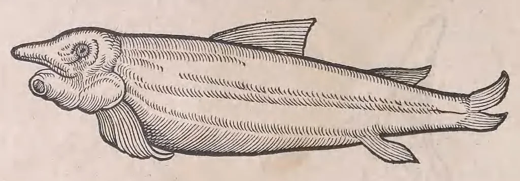 An illustration from Nomenclator aquatilium animantium : Icones animalium in mari et dulcibus aquis degentium plus quam DCC. cum nomenclaturis singulorum Latinis, Graecis, Italicis, Hispanicis, Gallicis, Germanicis, Anglicis, alijsq́[ue] interdum, per certos ordines digestae ..., 1606, leaf 365
