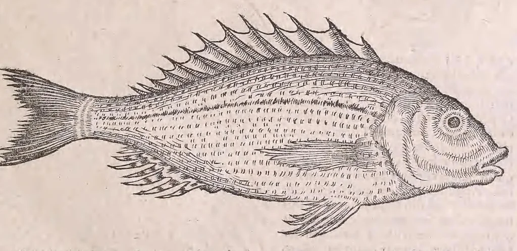 An illustration from Nomenclator aquatilium animantium : Icones animalium in mari et dulcibus aquis degentium plus quam DCC. cum nomenclaturis singulorum Latinis, Graecis, Italicis, Hispanicis, Gallicis, Germanicis, Anglicis, alijsq́[ue] interdum, per certos ordines digestae ..., 1606, leaf 74