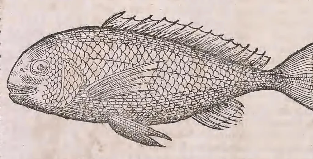 An illustration from Nomenclator aquatilium animantium : Icones animalium in mari et dulcibus aquis degentium plus quam DCC. cum nomenclaturis singulorum Latinis, Graecis, Italicis, Hispanicis, Gallicis, Germanicis, Anglicis, alijsq́[ue] interdum, per certos ordines digestae ..., 1606, leaf 81