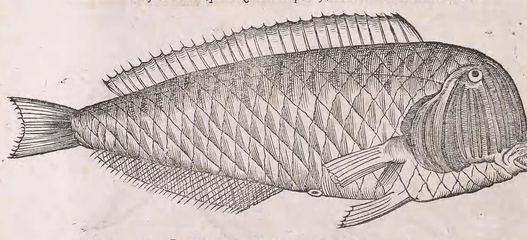 An illustration from Nomenclator aquatilium animantium : Icones animalium in mari et dulcibus aquis degentium plus quam DCC. cum nomenclaturis singulorum Latinis, Graecis, Italicis, Hispanicis, Gallicis, Germanicis, Anglicis, alijsq́[ue] interdum, per certos ordines digestae ..., 1606, leaf 93