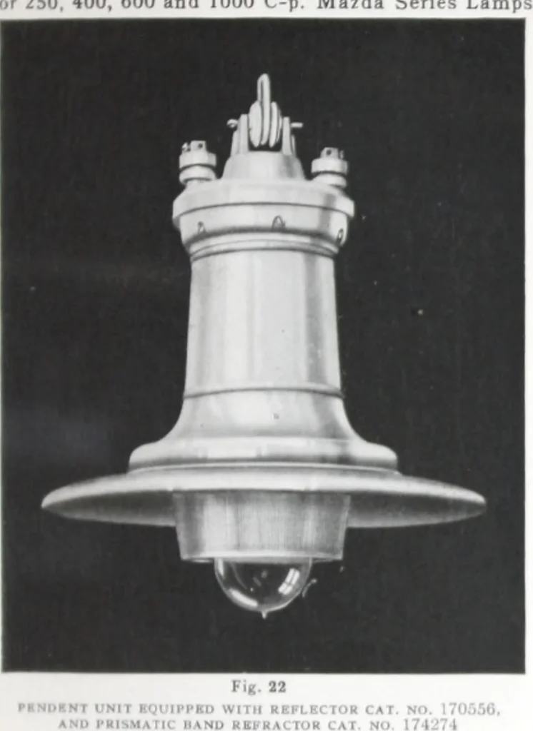 An illustration from Novalux street lighting units (pendent and bracket types) for Mazda series lamps, 1920, leaf 34