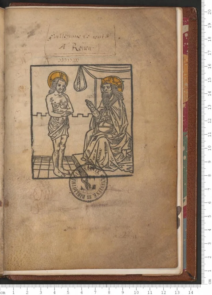 An illustration from La conformité et correspondance trèsdevote des sacrés et sainctz misteres de la messe à la passion de nostre doulx sauveur et rédempteur Jesucrist, leaf 74
