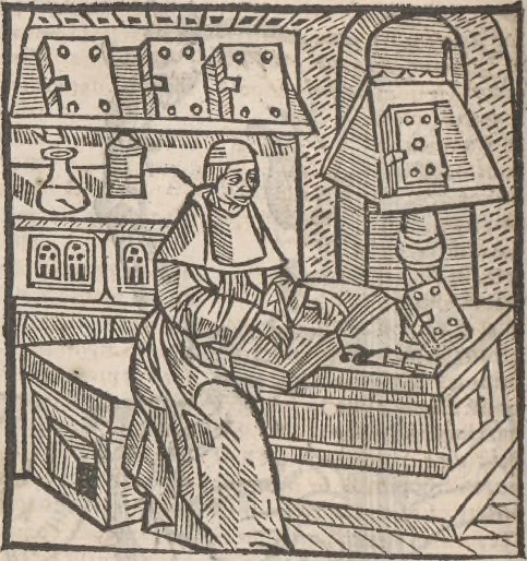 An illustration from La Pragmatique Sanction en françoys avec Guillermus Paraldi de la pluralité des bénéfices., 1508, leaf 25