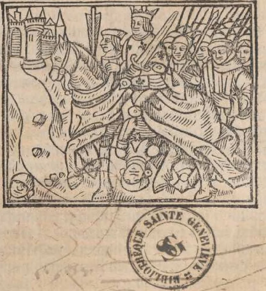 An illustration from L'Assault bataille et conqueste sur les Genevoys faicte par le Roy de france trescrestien Louis douziesme... Et la trahison que les genevois ont cuide faire. Et aussi la misericorde et appointement que le Roy nostre sire leur a fait., 1507, leaf 6