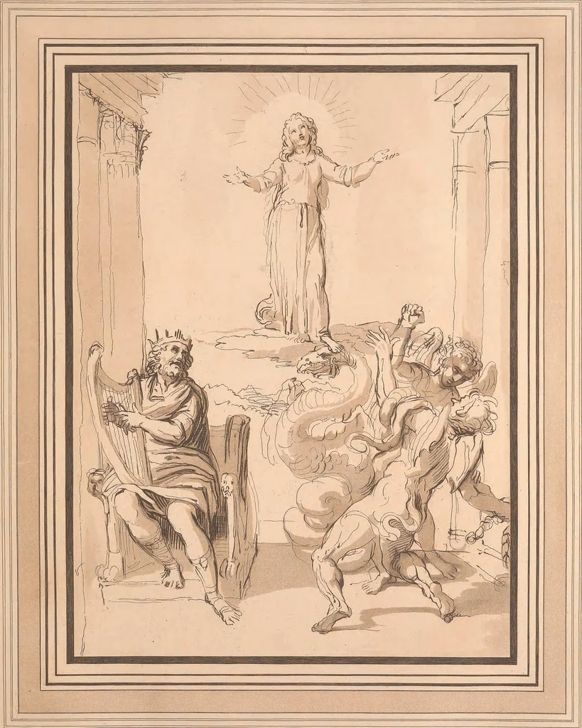 An illustration from Original designs of the most celebrated masters of the Bolognese, Roman, Florentine, and Venetian schools; comprising some of the works of Leonardo da Vinci, the Caracci, Claude Lorraine, Raphael, Michel Angelo, the Poussins, and others, in His Majesty's collection;, 1812, leaf 132