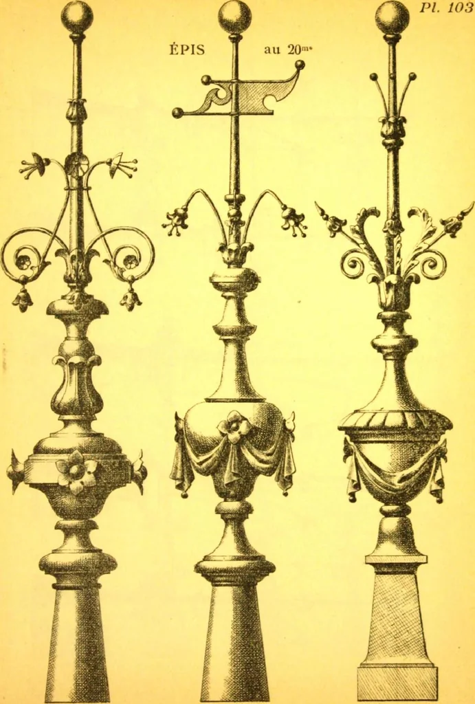An illustration from Ornements pour l'architecture en zinc, cuivre, tole & plomb : travaux d'art sur dessins croquis & devis., 1912, leaf 104