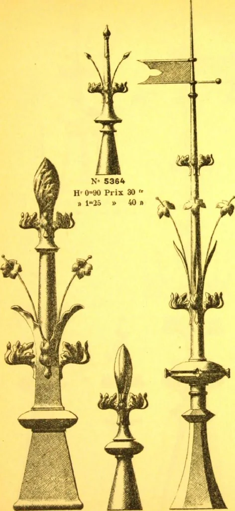 An illustration from Ornements pour l'architecture en zinc, cuivre, tole & plomb : travaux d'art sur dessins croquis & devis., 1912, leaf 108