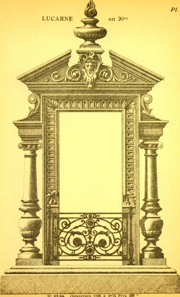 An illustration from Ornements pour l'architecture en zinc, cuivre, tole & plomb : travaux d'art sur dessins croquis & devis., 1912, leaf 150