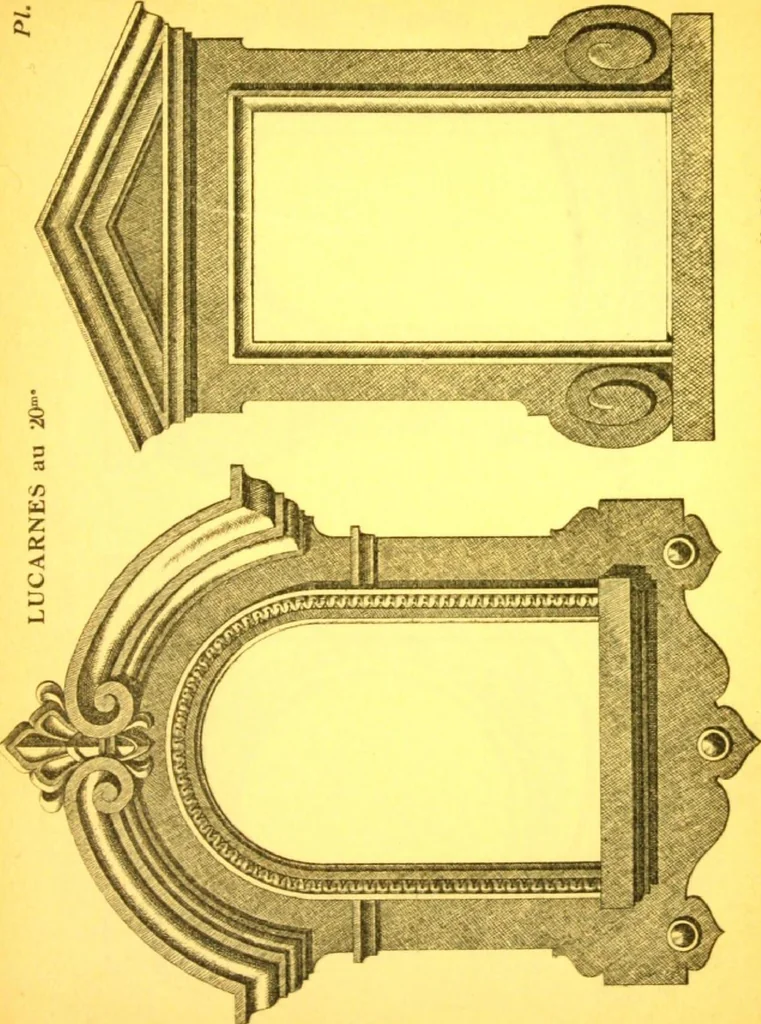 An illustration from Ornements pour l'architecture en zinc, cuivre, tole & plomb : travaux d'art sur dessins croquis & devis., 1912, leaf 166