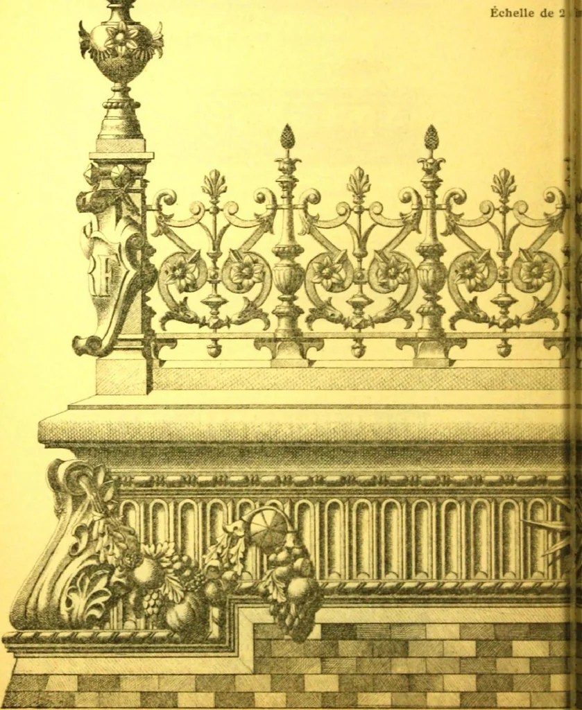 An illustration from Ornements pour l'architecture en zinc, cuivre, tole & plomb : travaux d'art sur dessins croquis & devis., 1912, leaf 241